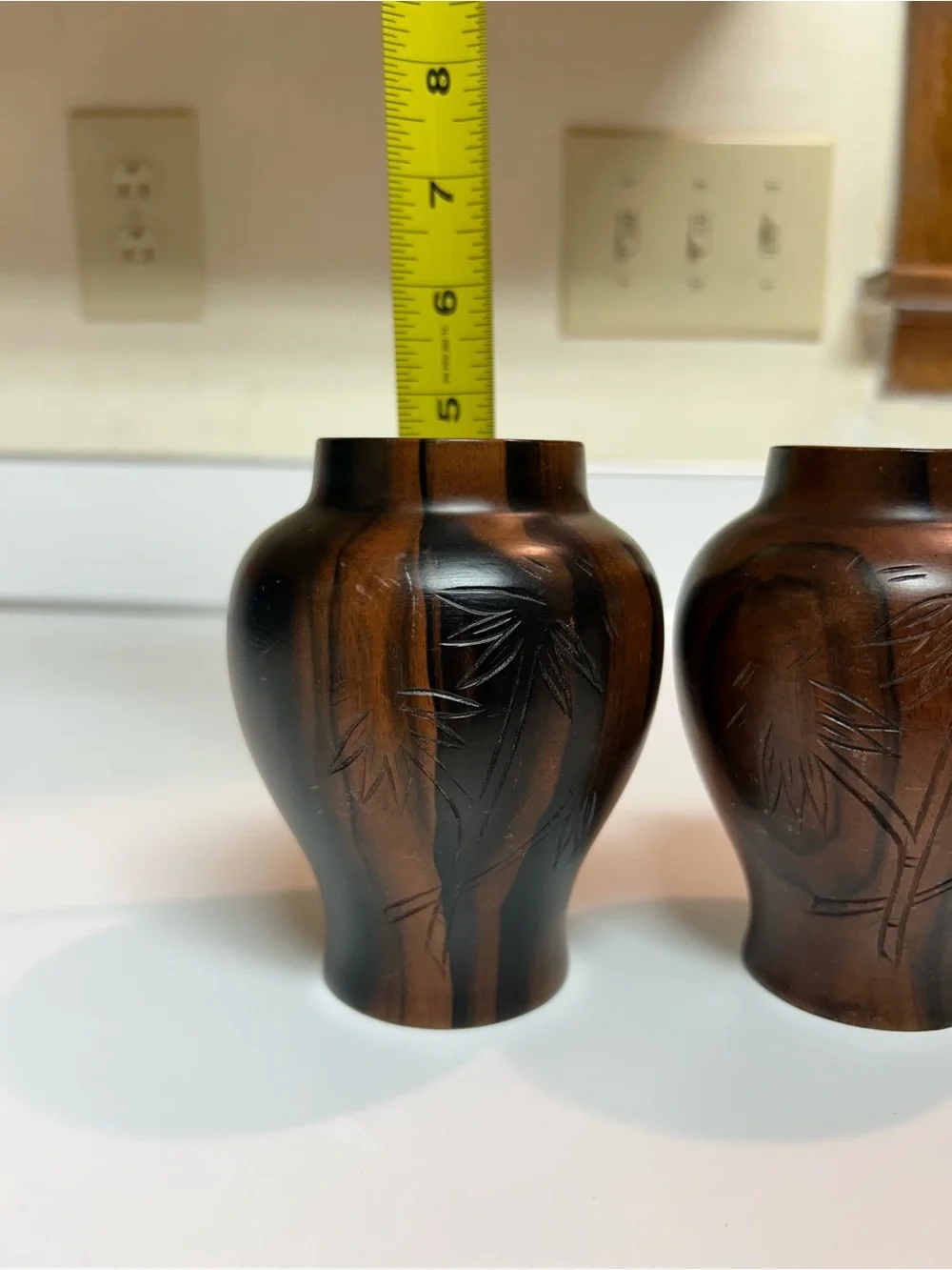 Handmade intricate carved dark wood vases with bamboo/Floral designs